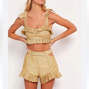 PatBO Gold Metallic Knit Cutout Ruffle Shorts